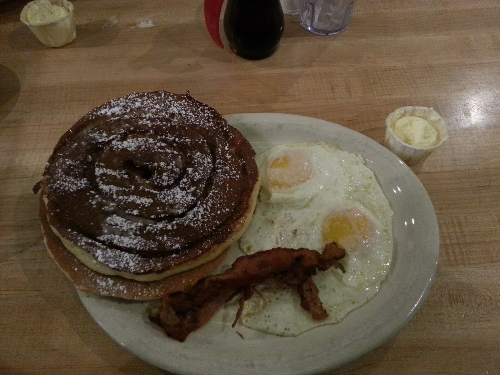 Pancakes, bacon and eggs. The photo was not taken at a Coral Springs restaurant.