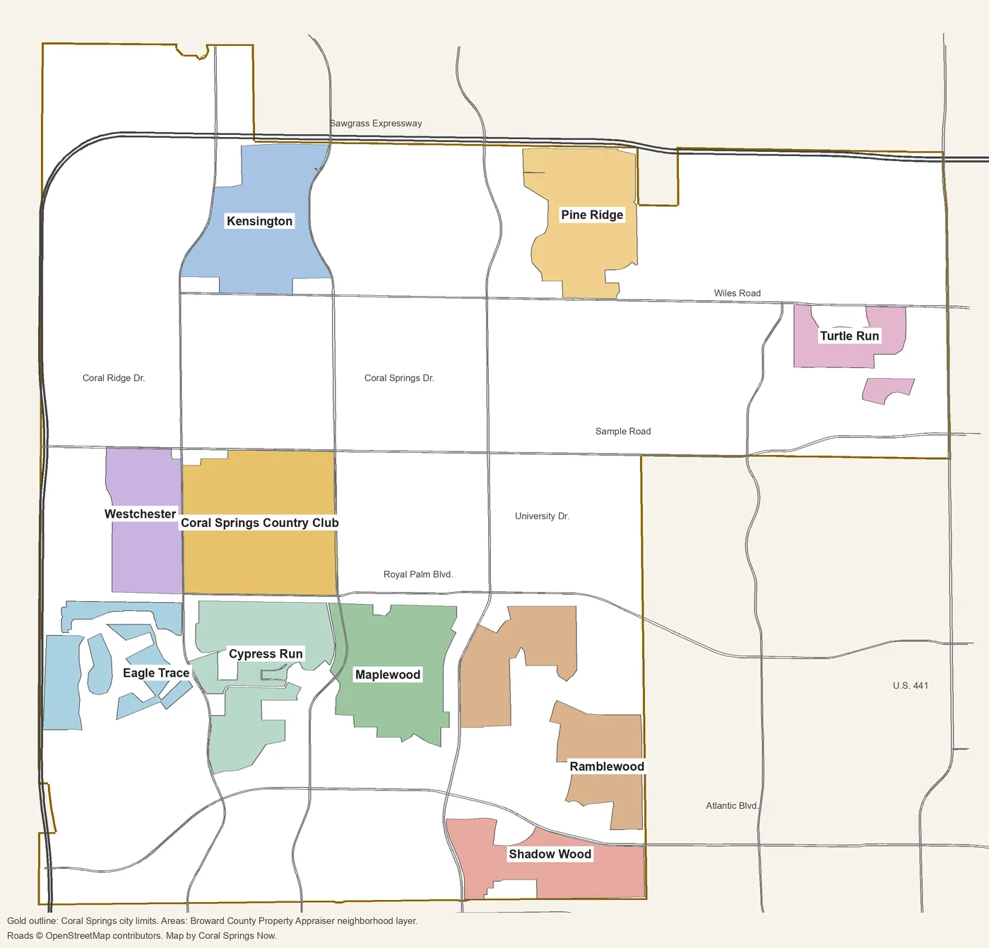 Map of Coral Springs with 10 shaded neighborhoods: Kensington and Pine Ridge along the Sawgrass Expressway in the north, Turtle Run in the northeast near U.S. 441, Westchester and Coral Springs Country Club between Sample Road and Royal Palm Boulevard in the west, Eagle Trace, Cypress Run and Maplewood south of Royal Palm Boulevard, and Ramblewood and Shadow Wood east of University Drive in the south