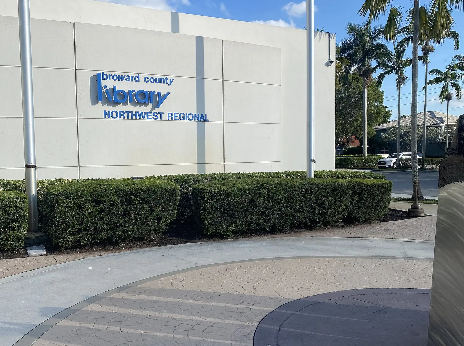 The entrance sign of Broward County Library's Northwest Regional branch on University Drive in Coral Springs.