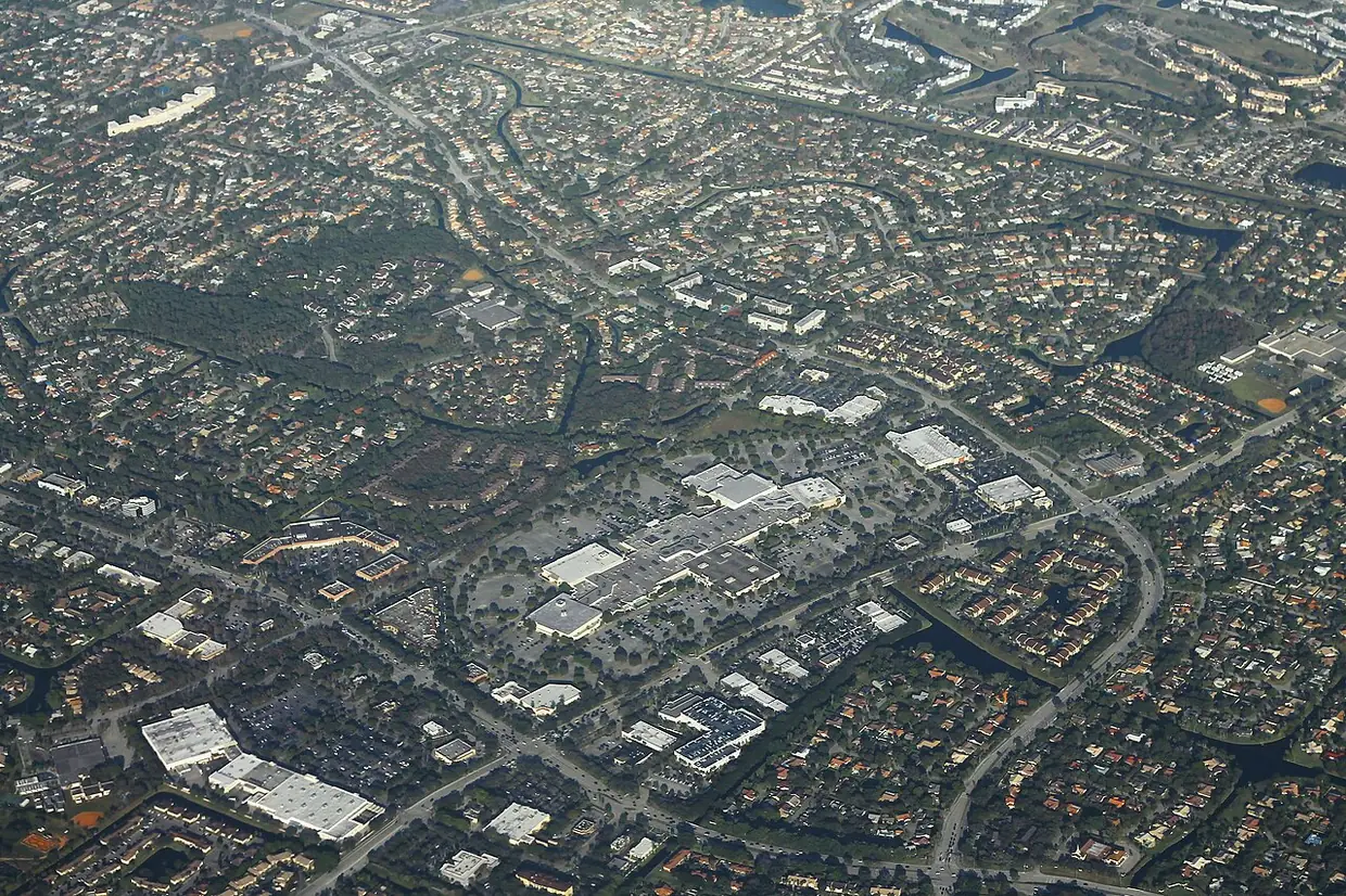 Coral Springs neighborhoods and the Coral Square mall seen from the air