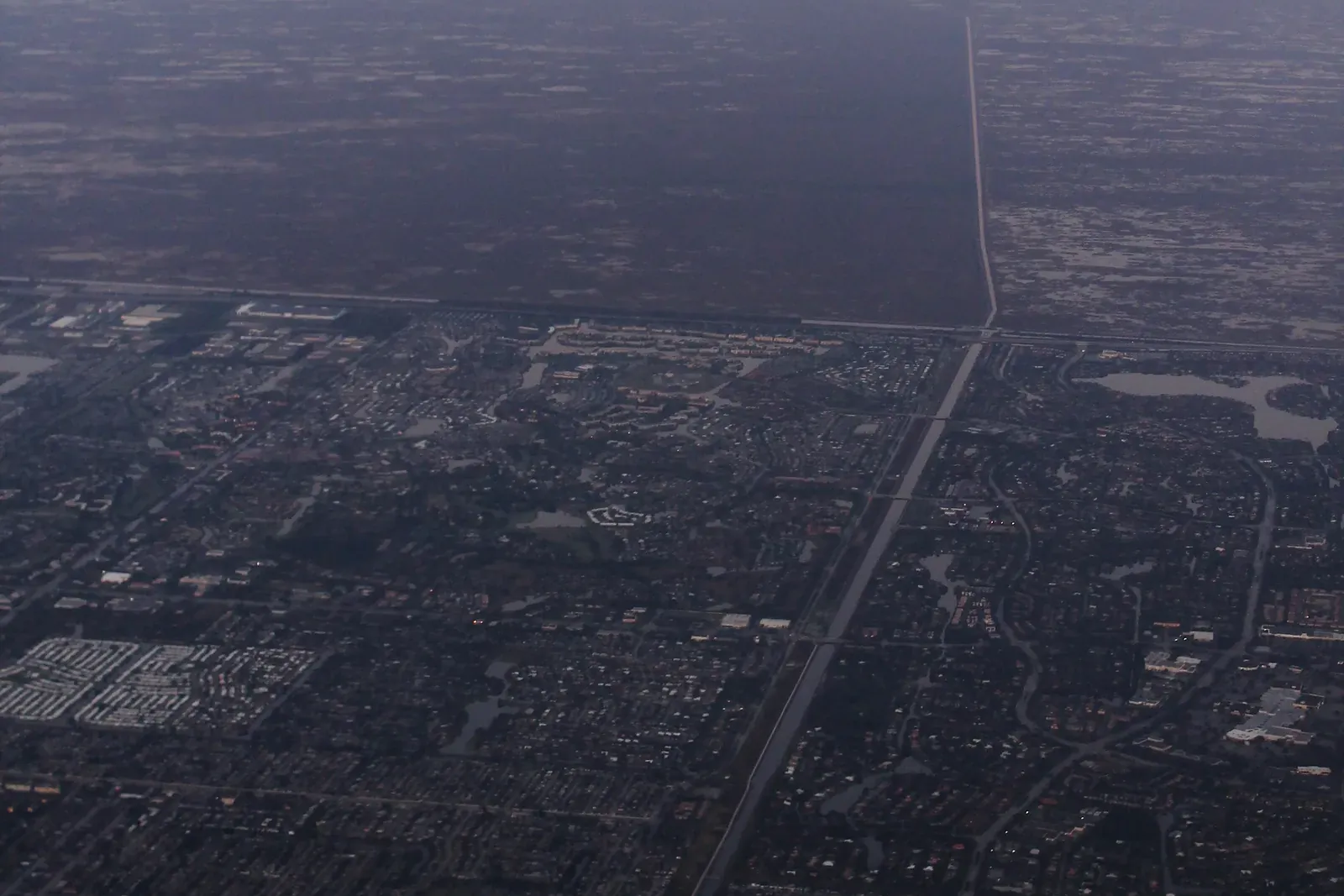 Coral Springs neighborhoods from the air, with the Everglades beyond
