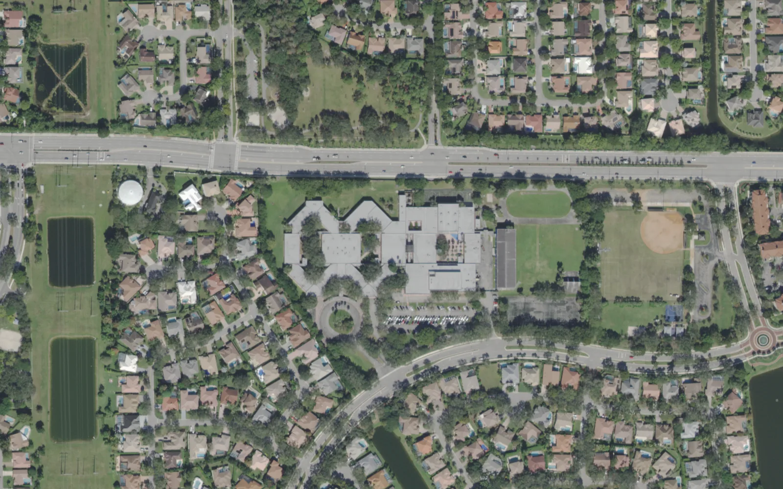 Forest Glen Middle School's campus and fields on Turtle Run Boulevard, seen from the air
