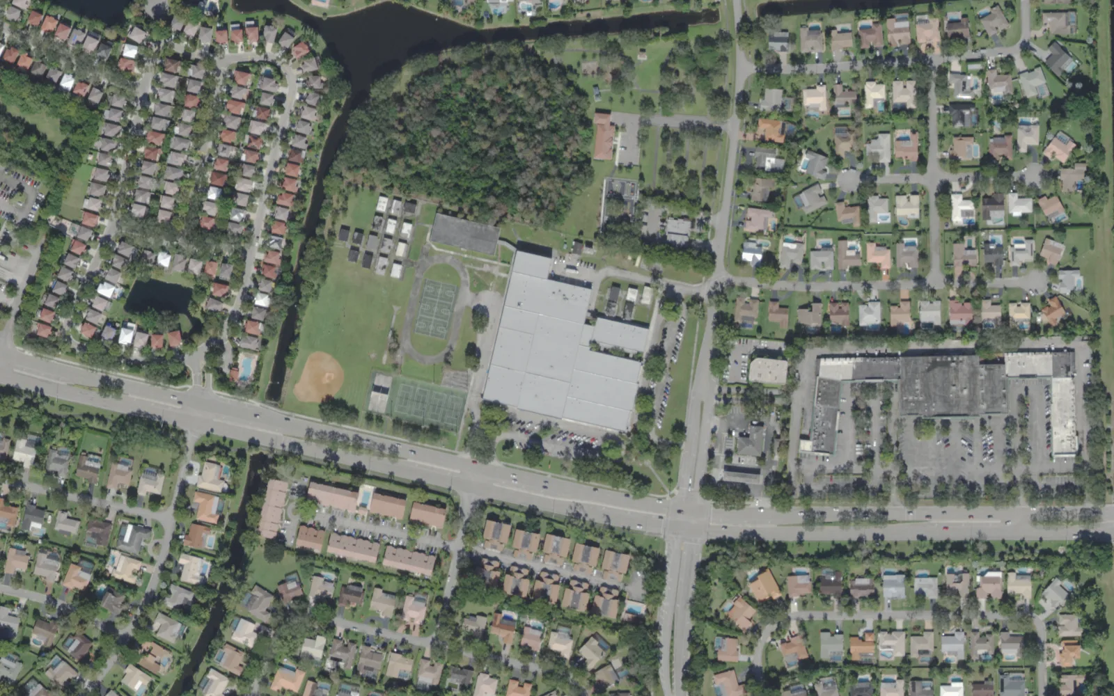 Ramblewood Middle School's campus and fields off West Atlantic Boulevard, seen from the air