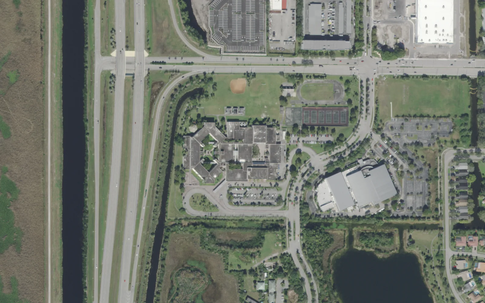 Sawgrass Springs Middle School's campus at the western edge of Coral Springs, seen from the air